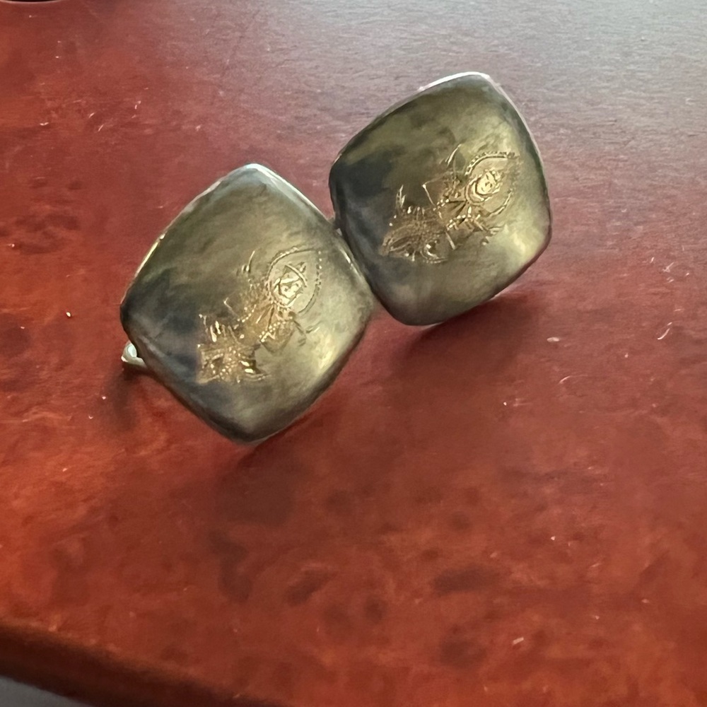 Vintage/ Antique Silver Twist Back Earrings - Siam Silver Stamped, Etched Figure